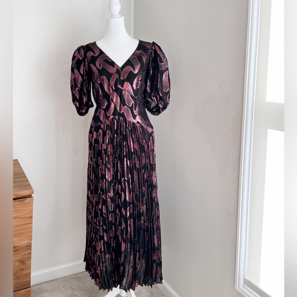 NWT Rebecca Taylor Lurex Jacquard Puff Sleeve Metallic  Pleated Dress Size: 2